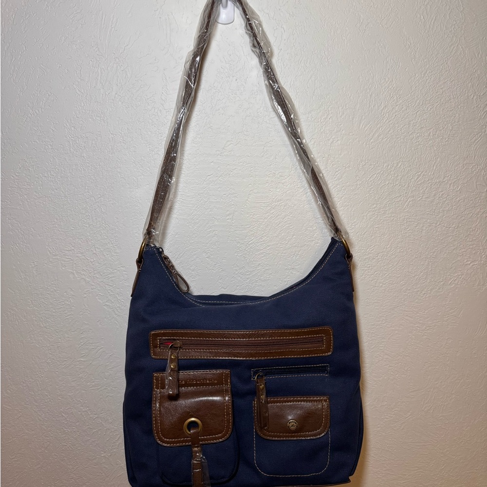 Stone Mountain Navy Blue Canvas & Brown Leather Trim Hobo Shoulder Bag